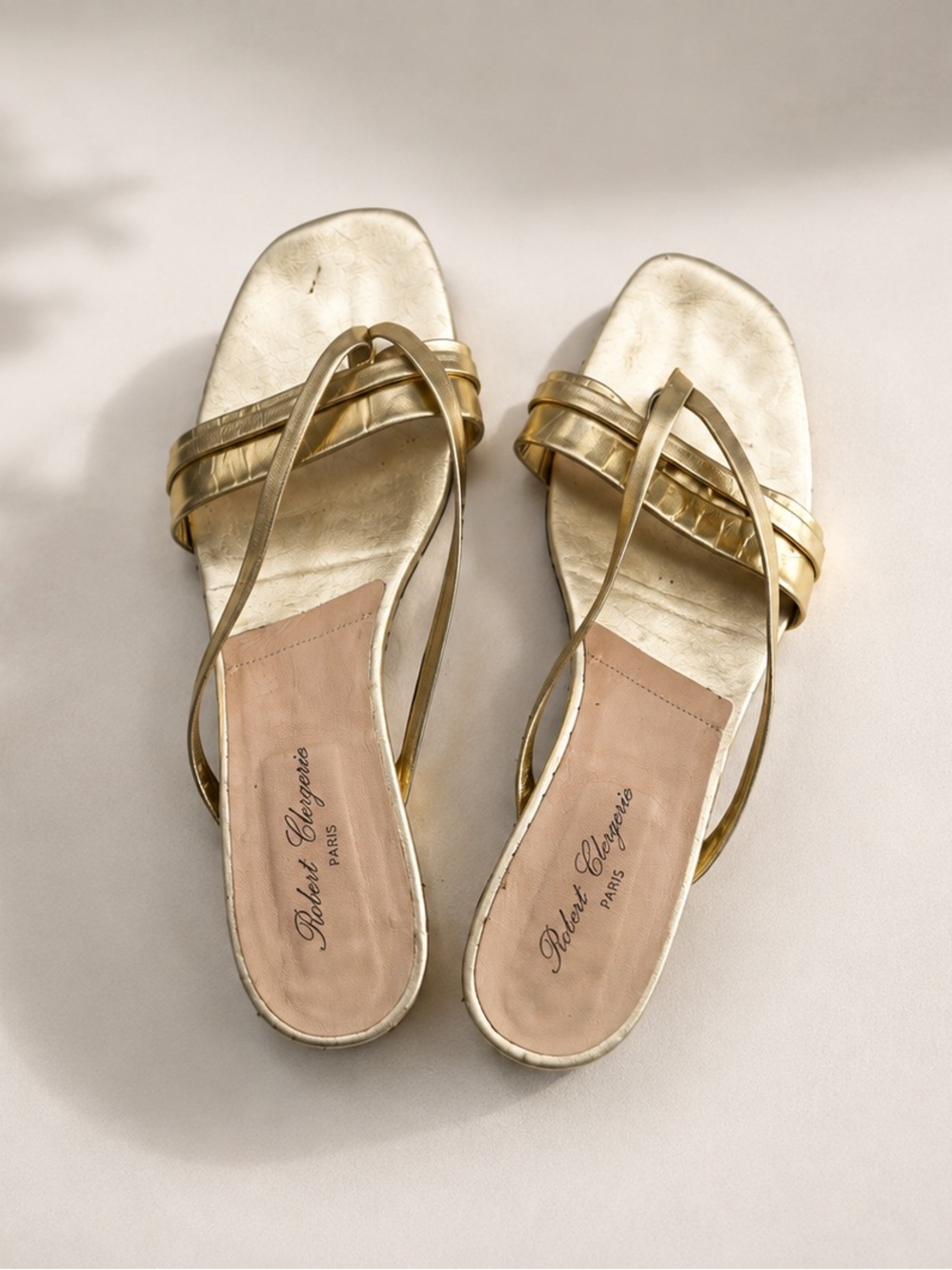 Robert Clergerie Metallic Gold Strappy Slide Sandals